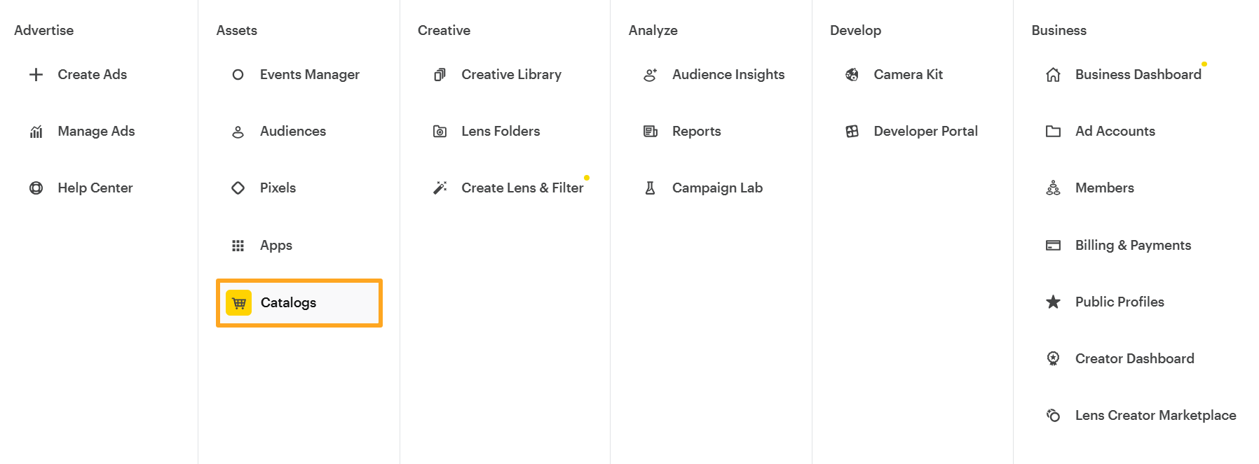 Snapchat Ads Manager Assets Catalogs